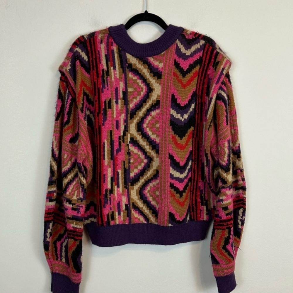 Farm Rio | Colorful Striped Patches Wide Shoulder Pullover Sweater Size XL